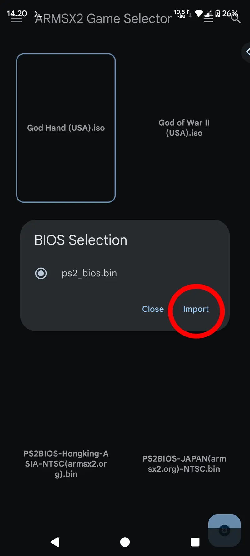 Step 3: Tapping the Import button in the BIOS selection
