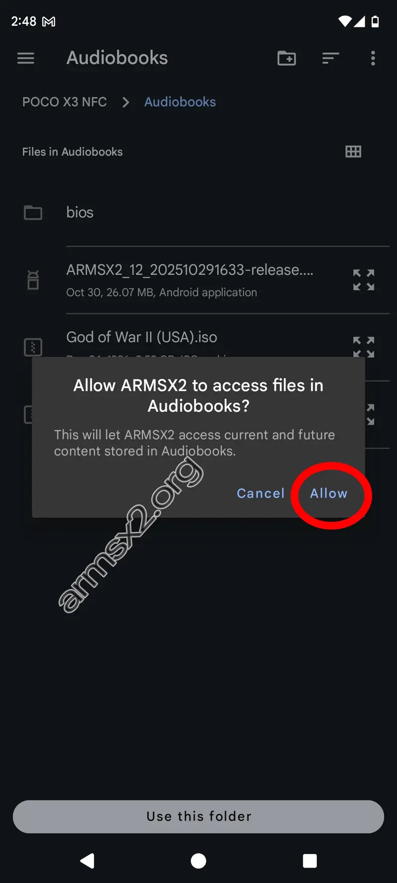 Step 11 ArmSX2 Installation - Allow the app to read your game saves