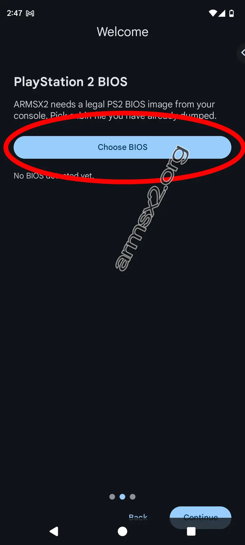 Step 5 ArmSX2 Installation - Choose PS2 BIOS Prompt