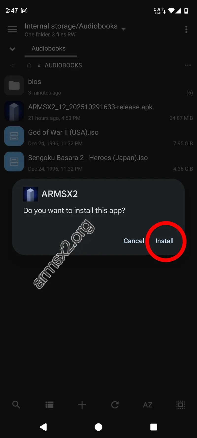 Step 2 ArmSX2 installation - installing ArmSX2 APK